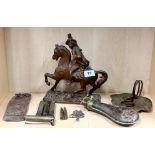A 19th century gilt spelter figure of a horseman (H. 14cm), with a gunpowder flask and other items