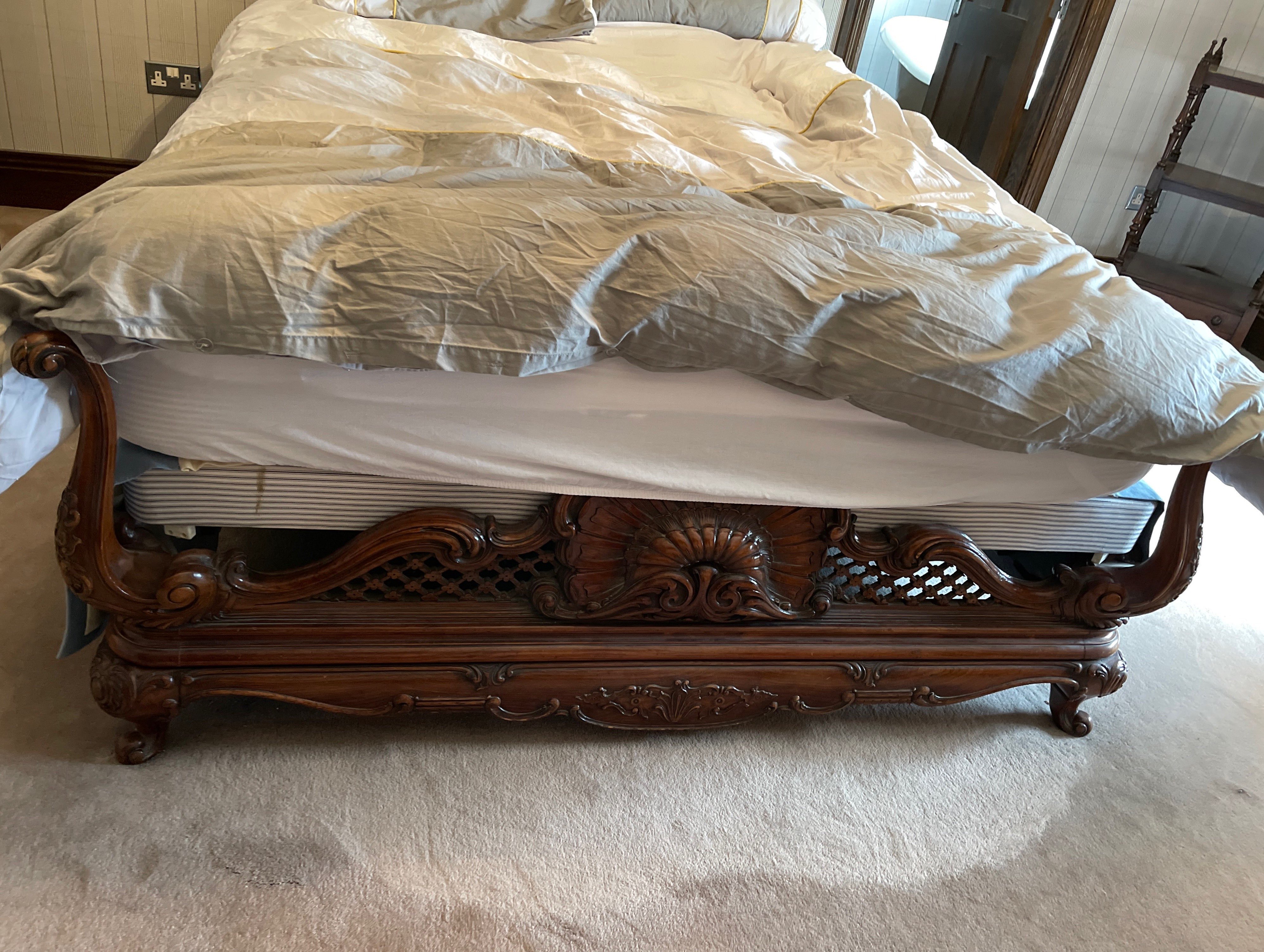 An impressive antique French carved mahogany and gilt double bed, bed head W. 151cm, mattress and - Image 4 of 4