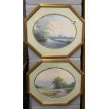 Hilary Scoffield: Two unusual octagonal framed circular landscape watercolours, W. 49cm.