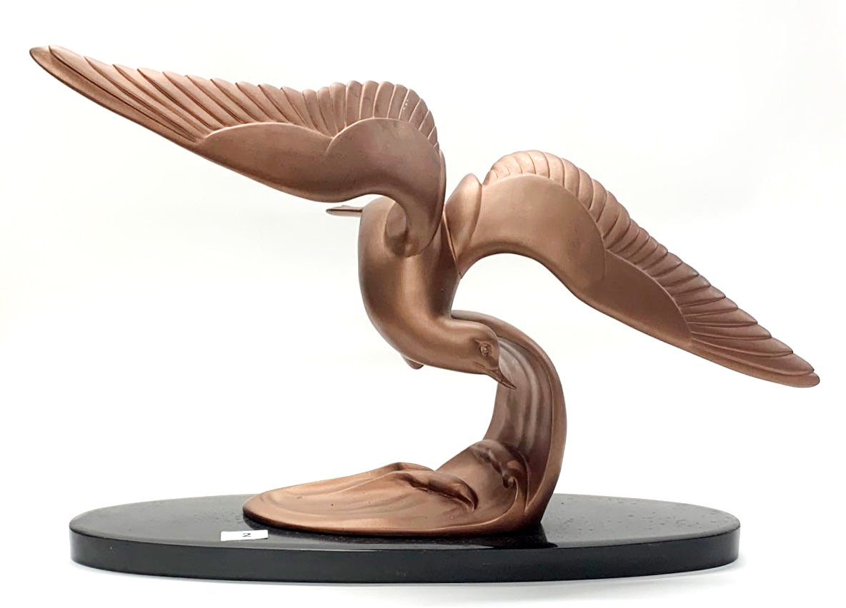 A 1930's spelter and marble figure of a seagull, L. 63cm.