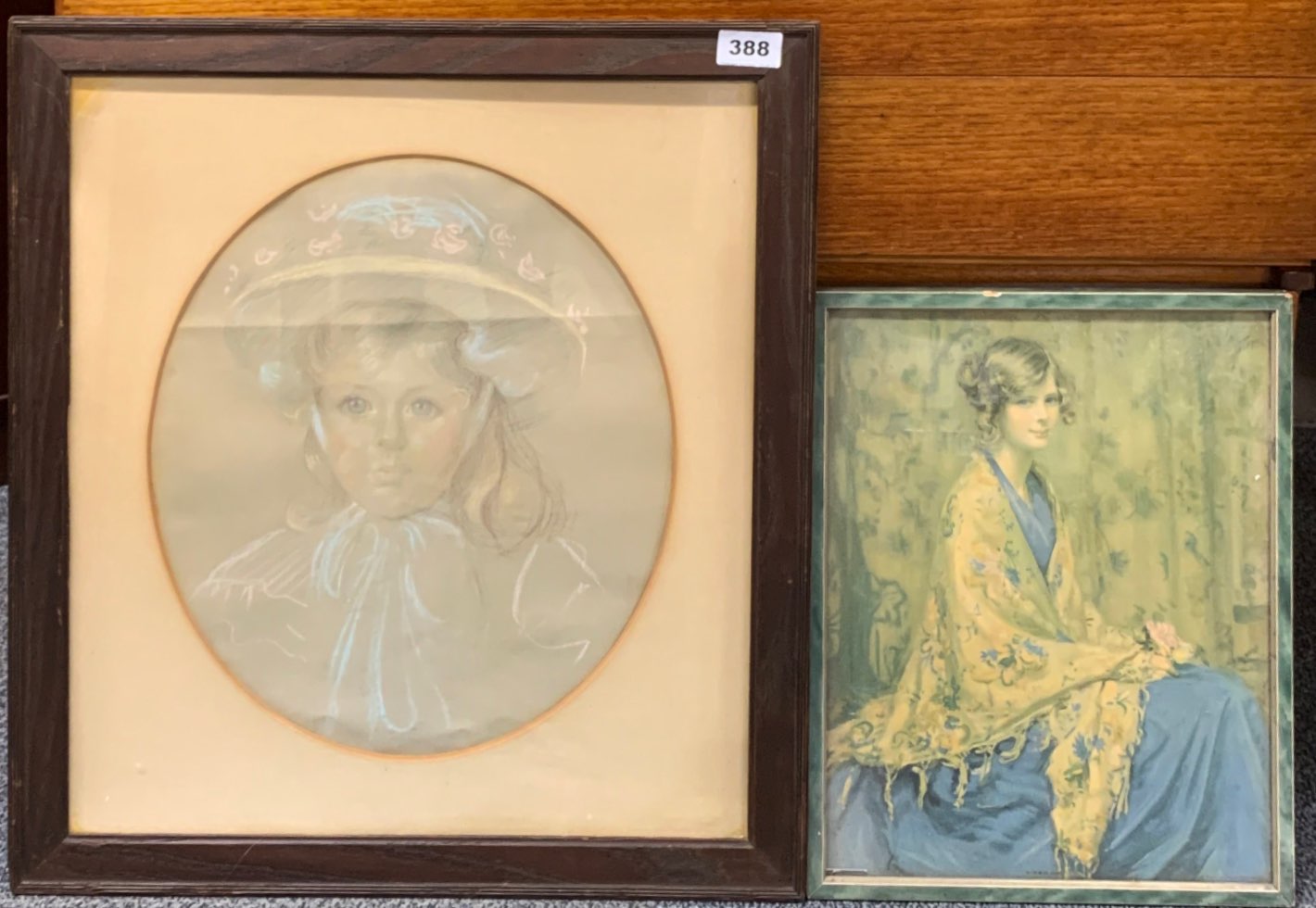 A lovely Edwardian oak framed pastel portrait of a girl, 50 x 54cm. Together with a 1920's print.