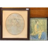 A lovely Edwardian oak framed pastel portrait of a girl, 50 x 54cm. Together with a 1920's print.