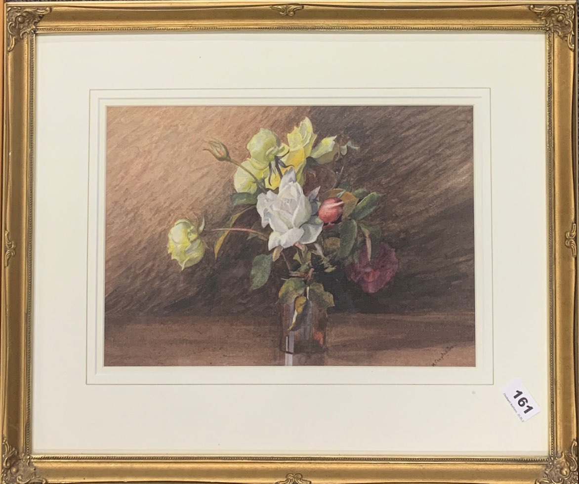 H. Clayton, a gilt framed still life watercolour, frame size 56 x 46cm, together with a limited - Bild 3 aus 3