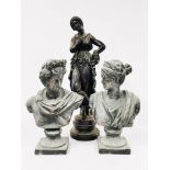 Two cast metal classical busts and a classical plaster figure, tallest H. 62cm.