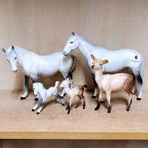 Three porcelain Beswick horse figures (two with leg repair and one with ear chip), together with two