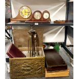 Three mantle clocks and a quantity of fireside and other items.
