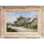 David D Ronald: A gilt framed signed oil on canvas of thatched cottages, frame size 69 x 52cm.