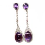 A pair of 925 silver drop earrings set with cabochon cut amethyst and white stones, L. 5.2cm.