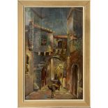 An interesting framed oil on board behind glass of a Spanish village scene signed Cylax, frame