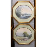 Hilary Scoffield: Two unusual octagonal framed circular landscape watercolours, W. 49cm.