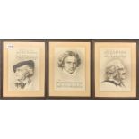 Three interesting framed sepia ink and wash portraits of composers and their music, frame size 25