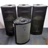 Three large Mackie Active SR1530Z music speakers, H. 112cm, together with a Mackie S408 speaker.