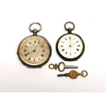 Two hallmarked silver cased key wind fob watches with keys.
