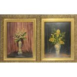 Two gilt framed oils on board depicting still life of flowers in porcelain vases, frame size 43 x