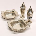 A pair of hallmarked silver pierced dishes, 10.5 x 10.5 x 2.5cm, together with a hallmarked silver