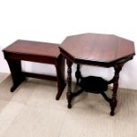 An octagonal mahogany two tier side table, H. 69cm W. 73cm together with a mahogany storage seat/