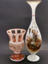 A 19th century hand painted opaline glass vase, H. 38cm, together with a Bohemian cut crystal and