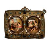 A pair of 19th century framed hand painted porcelain miniatures, miniature size 8.3 x 6.5cm, frame