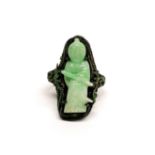 A fine antique Chinese carved jade figure mounted on enamelled silver as a ring c. 1920's, figure H.