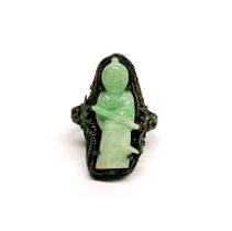 A fine antique Chinese carved jade figure mounted on enamelled silver as a ring c. 1920's, figure H.