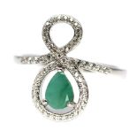 A 925 silver ring set with pear cut emerald and white stones, (O).