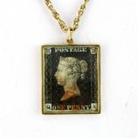 A hallmarked 9ct yellow gold pendant containing a rare 1840-1841 penny black postage stamp on a