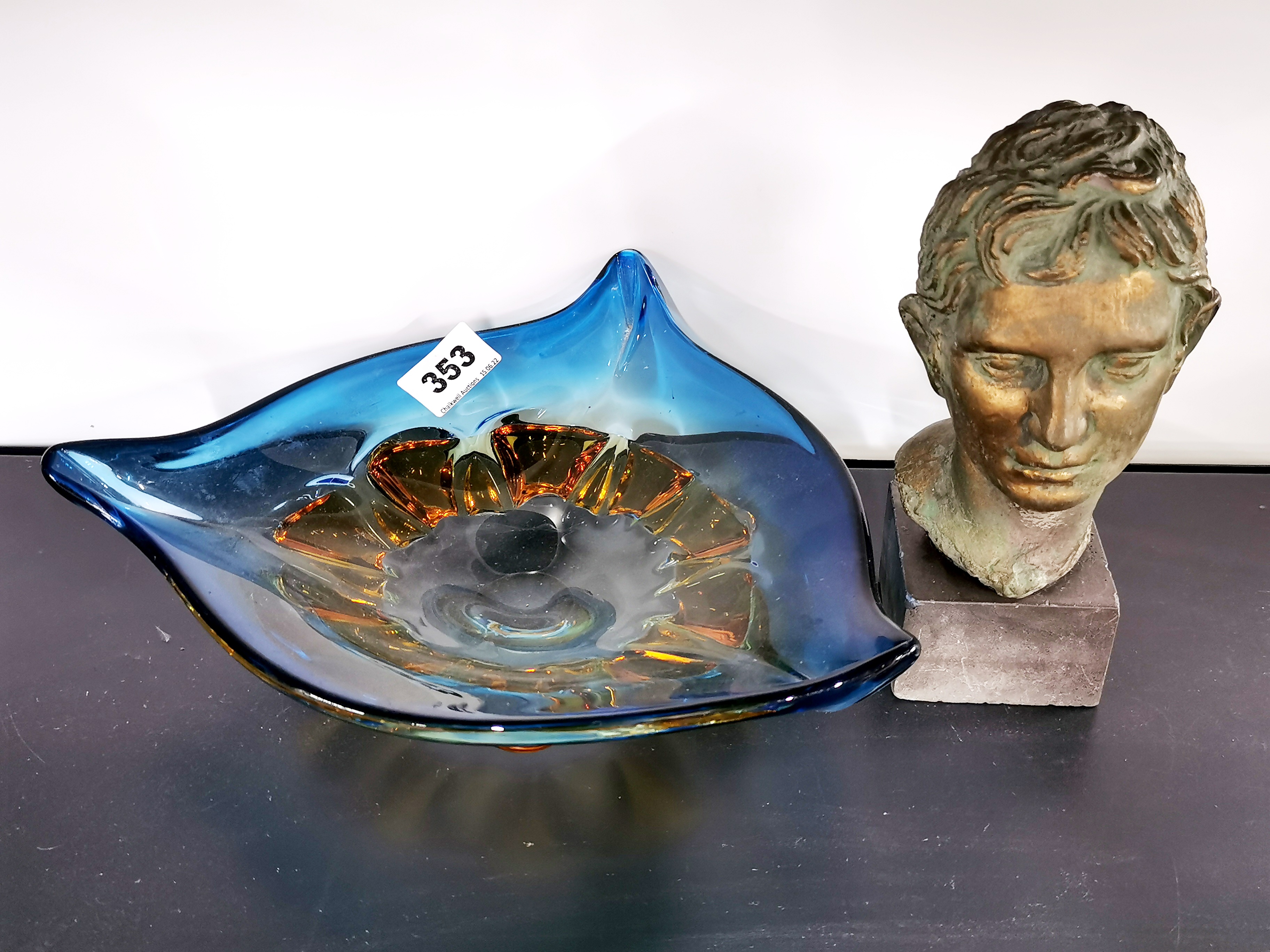 A venetian glass bowl and a small bust of a young man, bowl W. 25cm. - Image 2 of 2