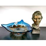 A venetian glass bowl and a small bust of a young man, bowl W. 25cm.
