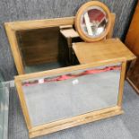 Three oak framed mirrors, largest 61 x 89cm, together with an oak stool.