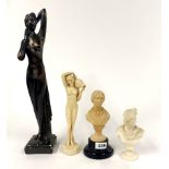 An Art Deco style bronzed plaster figure and three others.