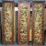 Three superb large Thai carved hardwood panels of dancers, 64 x 230cm.