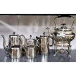 A silver plated spirit kettle with a silver plated 5 piece tea and coffee set.