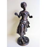 After Moreau Antique French Bronze Sculpture. Large patinated bronze sculpture of young woman