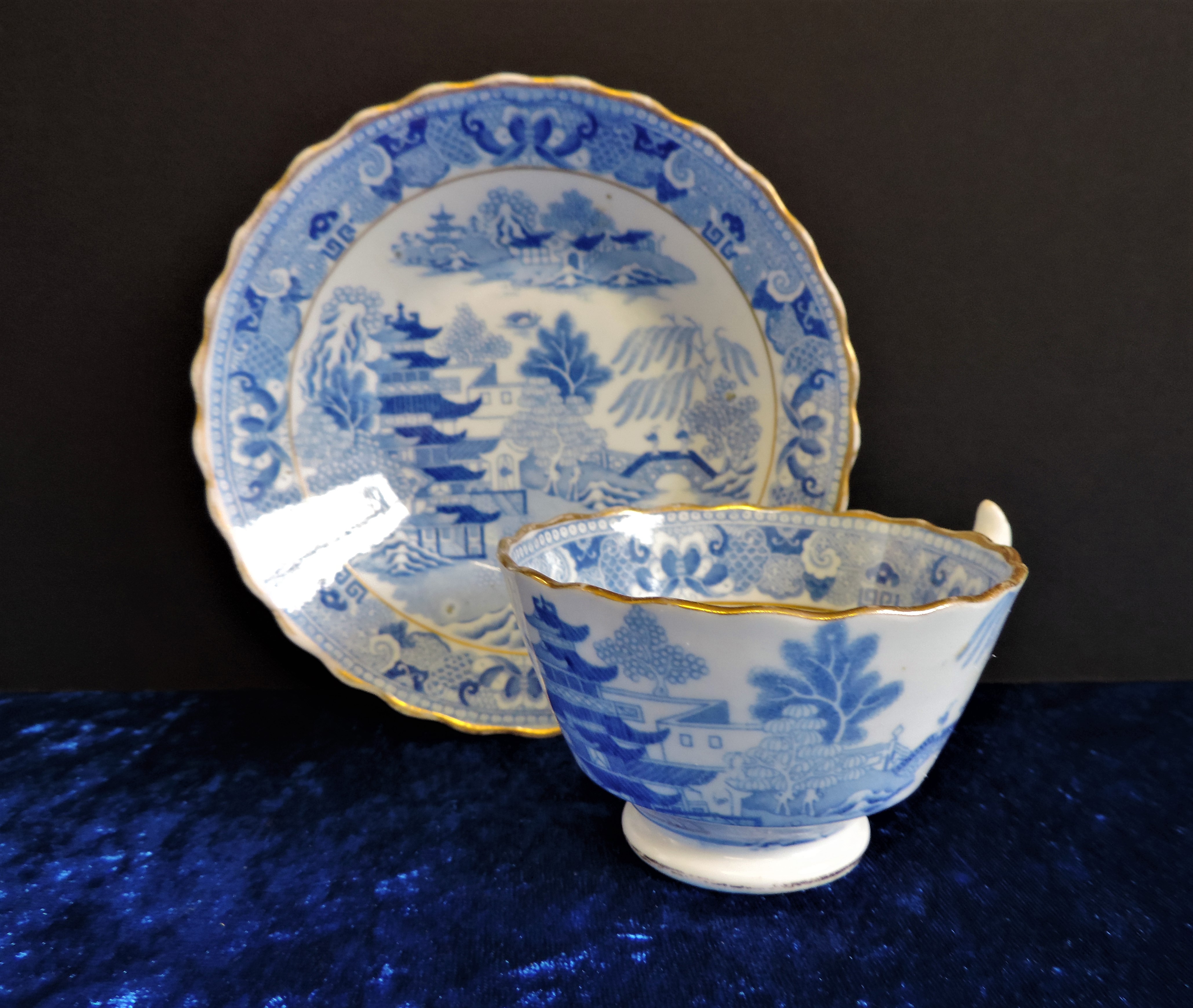 Antique Blue & White Chinoiserie Tea Cup and Saucer. Circa 1820 Brosley Pattern Tea Cup and Saucer -