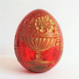 Vintage Russian Glass Egg with Etched Royal Crest & Faberge Label. A beatiful red and gold vintage