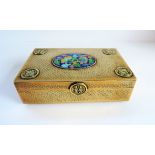 Antique Chinese Brass Box with Cloisonne Panel. An antique Chinese box of brass construction with