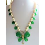 Cultured Pearl and Jade Pendant Necklace. A fabulous cultured pearl necklace with jade hearts and