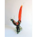 Vintage Murano Seguso Bullicante Pheasant Sculpture. A wonderful tall hand made orange and green