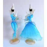 Rare Murano Ceasre Toso Venetian Glass Masked Dancers. Stunning pair of blue, white and gold