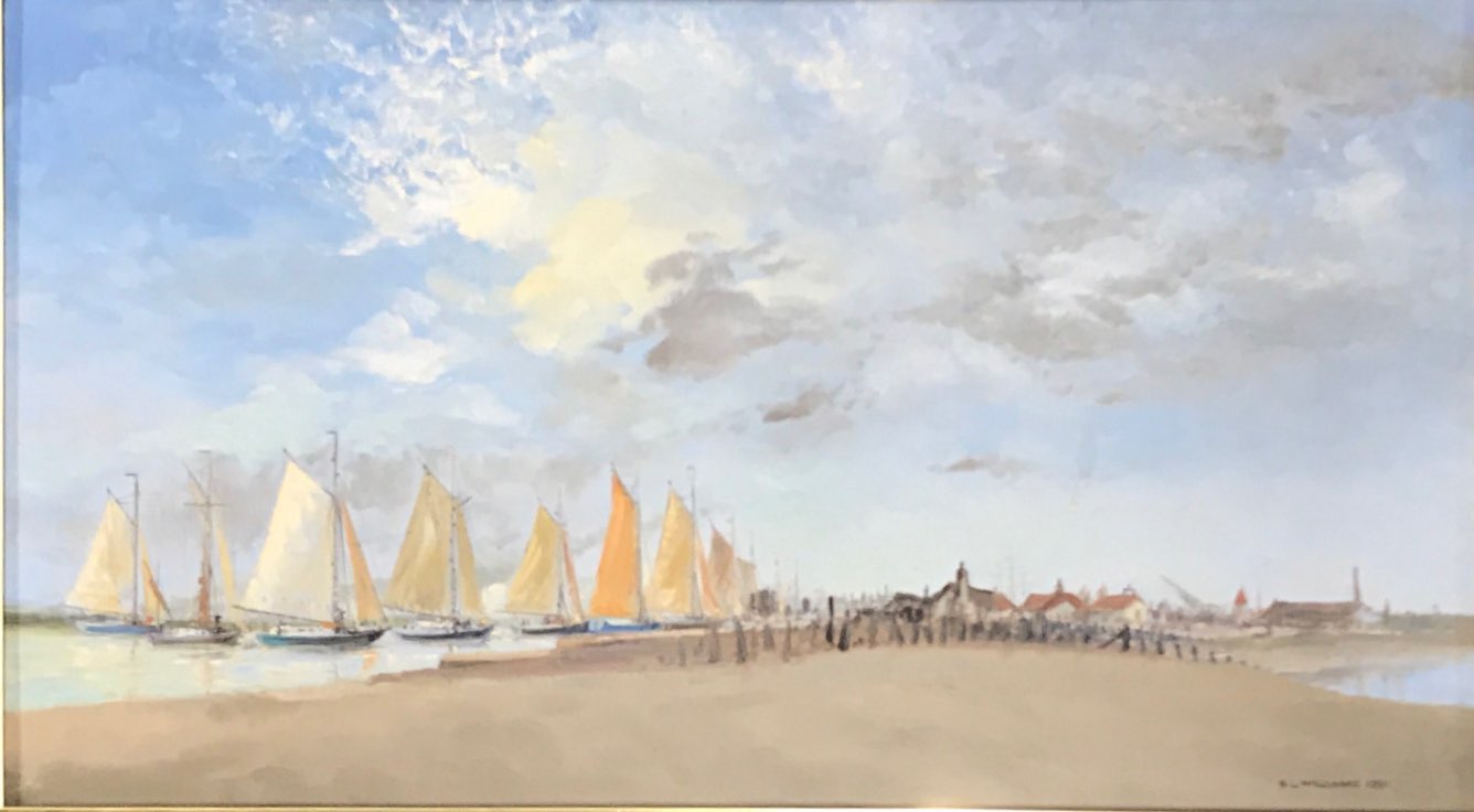 R L Williams: A framed oil on board depicting sailing boats frame size 74 x 43cm, together with an - Bild 3 aus 4