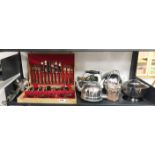 A silver plated cutlery set and other items.