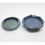 A Chinese blue glazed porcelain bowl with erotic relief decoration, Dia. 21cm, together with a