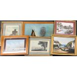 A group of framed paintings and prints, largest 74 x 56cm.