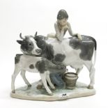 A large Lladro porcelain figure of a girl with a cow and calf, H.31cm, W. 32cm (calf tail missing).