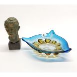 A venetian glass bowl and a small bust of a young man, bowl W. 25cm.