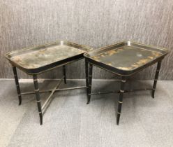 A pair of papier mache and wood Regency style chinoiserie tables, 66 x 47 x 51cm.