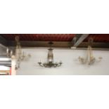 A pair of five branch metal light fittings together with a gilt metal five branch light fitting.