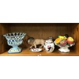 A Melba Ware lion, three Mason's items and two further ceramic items.