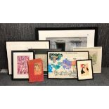 A group of French framed prints and a vintage French book, largest 67 x 87cm.