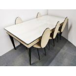 A vintage Italian plate glass topped formica covered dining table and five chairs with a matching